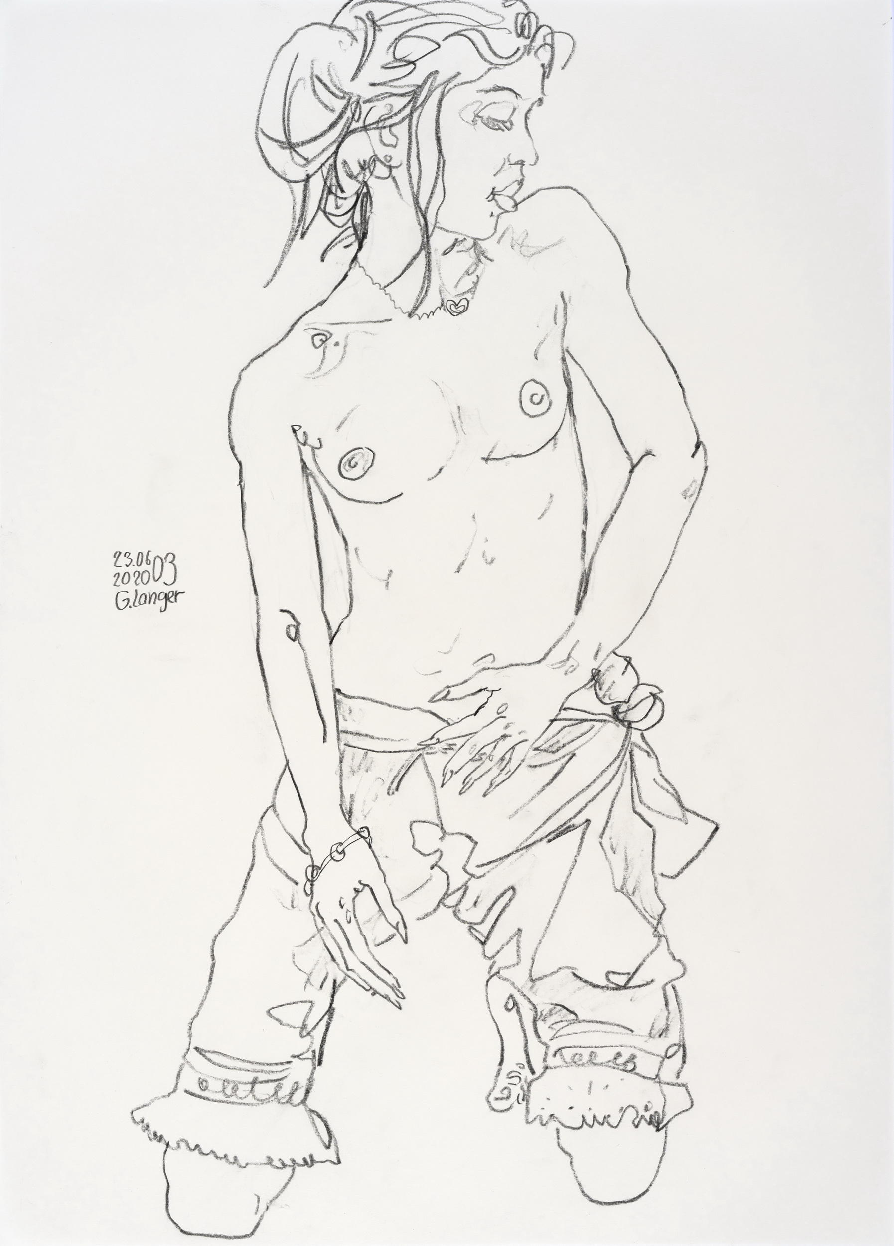 Gunter Langer, Kniender Mädchenakt aufgerichtet, 2020, Bleistiftzeichnung, Zeichenpapier, 71 x 51 cm